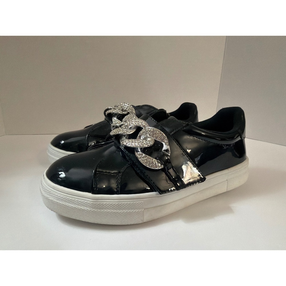 Nina Kids Black Patent Vegan Leather Metallic Rhinestone Chain Sneakers Girls 3